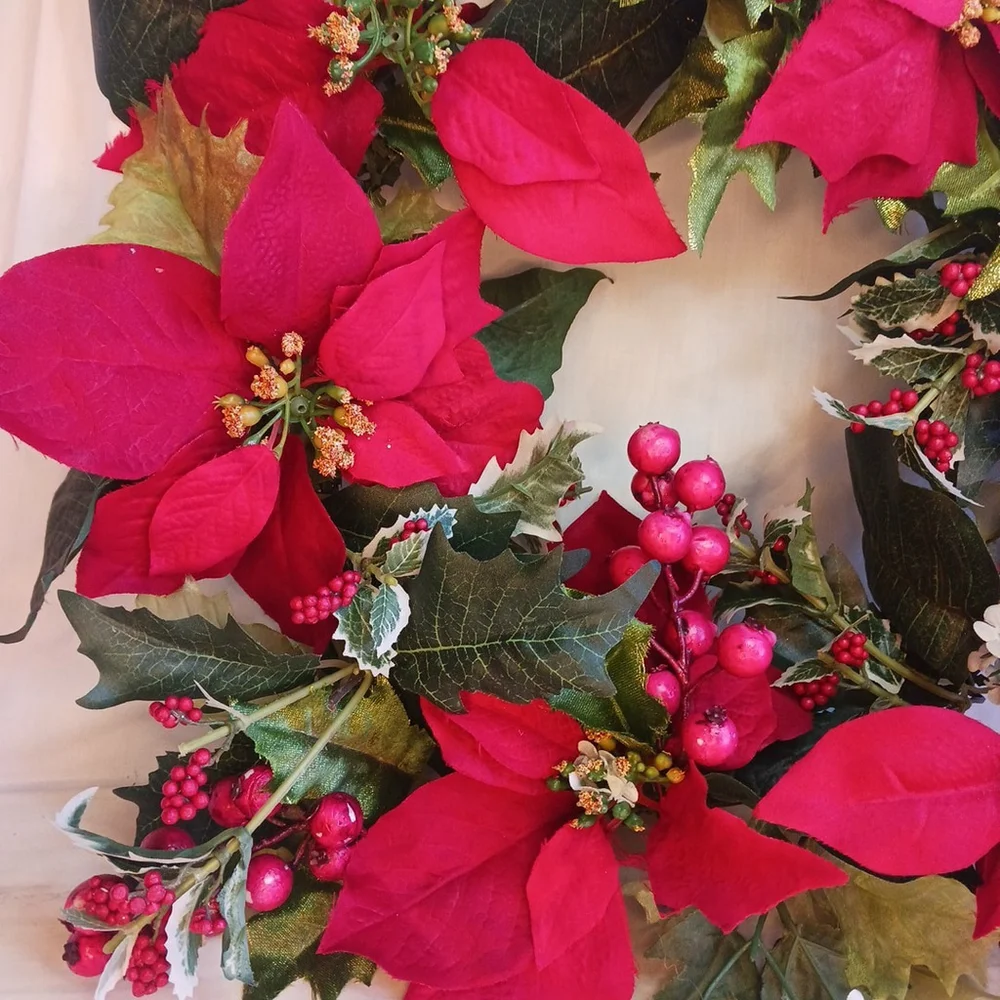 Poinsettia Berry Christmas Wreath 14 Inch Holiday Door Faux Flowers